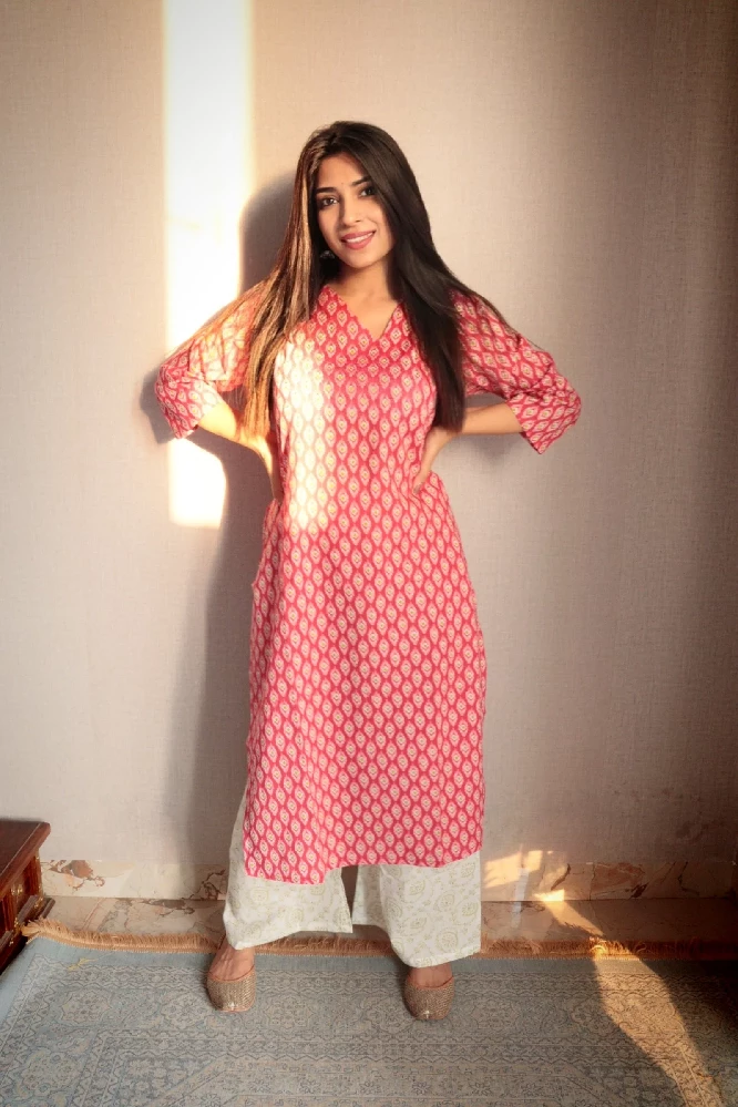 Rose Pink Sanagneri Print Kurti Palazzo Set-4.webp
